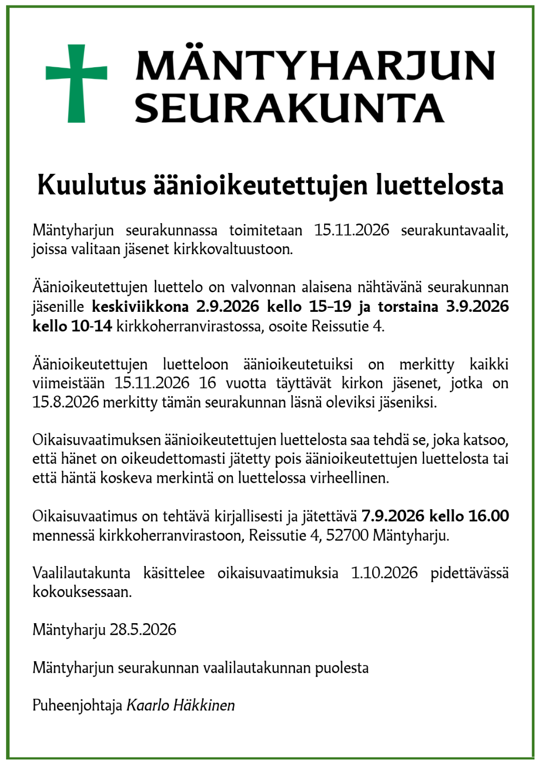 Kuulutus äänioikeutettujen luettelosta